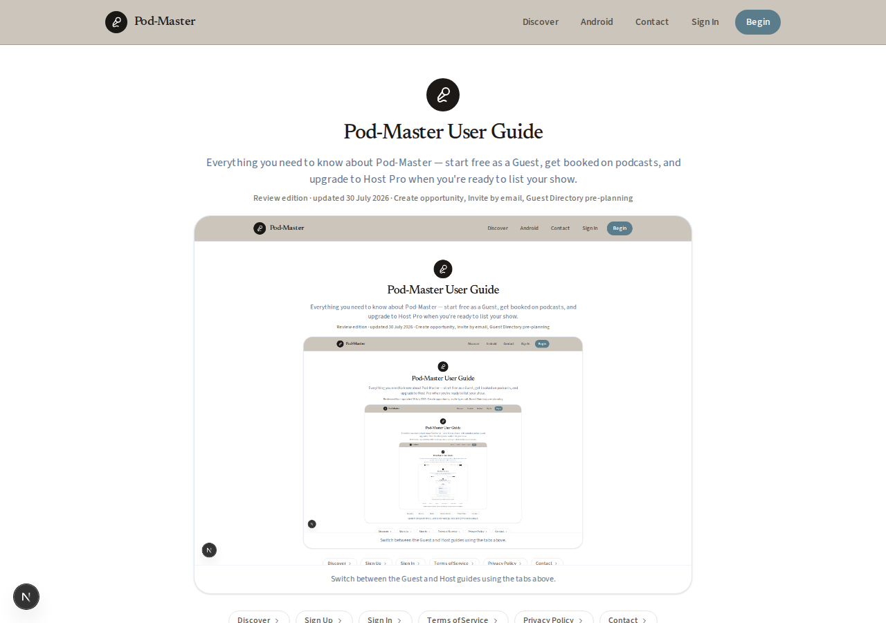 Pod-Master User Guide with Guest and Host tabs